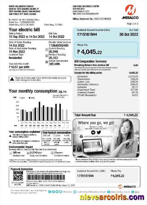 PHILIPPINES MERALCO utility bill